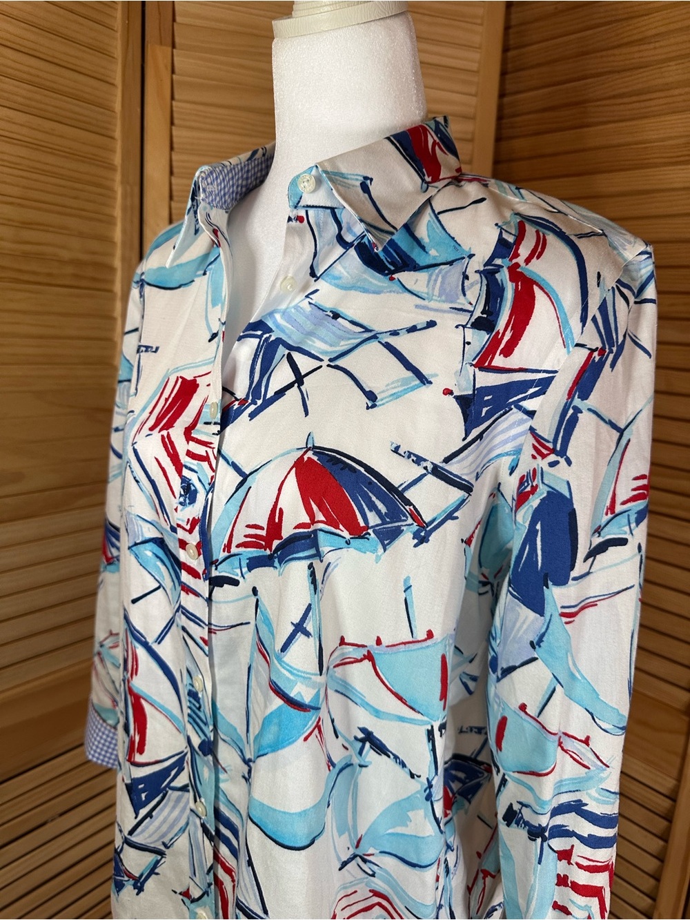 Chaps No Iron White Beach Print Button-Down Shirt - Red & Blue Umbrella Pattern